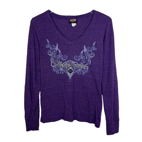 Harley-Davidson Tops - Harley Davidson Motor City Graphic V-Neck Long Sleeve Tee T-Shirt Purple Medium